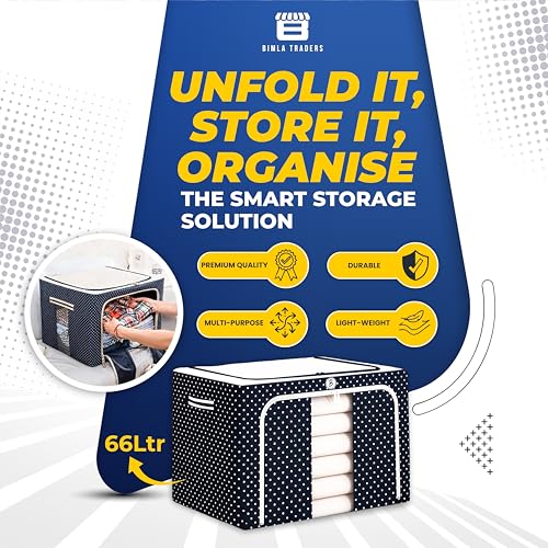 Image of BTAG Pack of 3 Assorted Storage Baskets (49L x 39W x 30H CM) Non-Woven Foldable Wardrobe Organizer with Metal Frame Rectangle, Storage Box with Handles for Clothes, Books, Toys, Blankets & Closet Use.