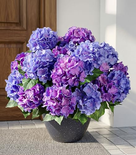 Ivydale Artificial Flowers for Outdoors, 4 PCS Purple Blue Fake Silk Hydrangea Flower Stems for Bouquets UV Resistant Realistic Faux Plants Home Outdoor Wedding Party Centerpieces Decor