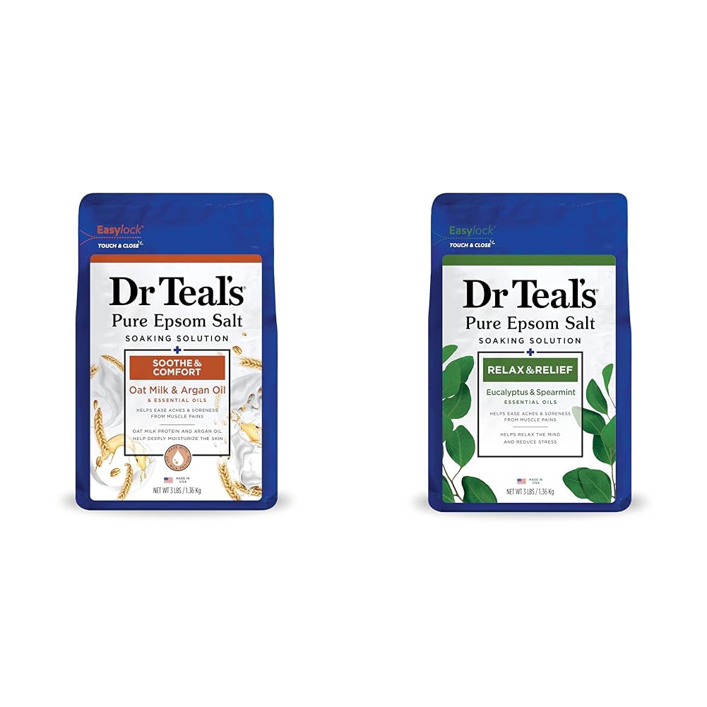 Dr Teal’s Pure Epsom Salt Soak, Relax & Relief with Eucalyptus & Spearmint, 3lbs & Pure Epsom Salt, Soothe & Comfort with Oat Milk & Argan Oil, 3lbs (Packaging May Vary)