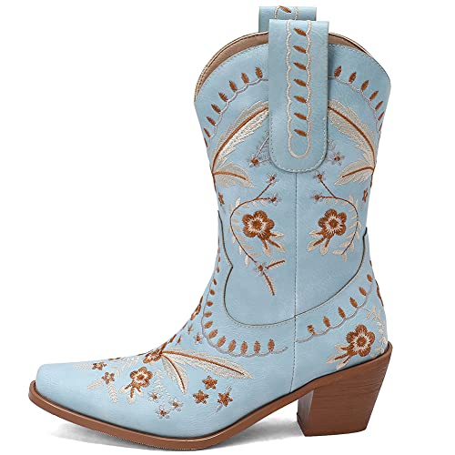 Image of Womens Embroidered Cowgirl Boots Pull On Cowboy Boots for Women Floral Low Chunky Heel Western Boots