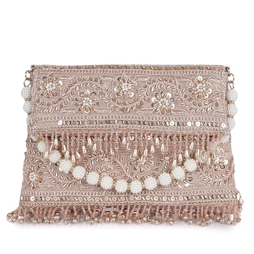 Image of Nevis PU Silk Fabric Women's Embellished bride Clutch with Pearl Handle | Fancy Designe & Wedding Potli Bag for Festive & Evening