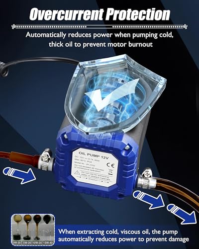 Image of Oil Extractor Pump 12V 80W, Upgraded Electric Engine Oil Pump w / Auto Overload, Oil Change Pump for Motor Oil, Gear Oil, Transmission Fluid, Lube, Fluid Transfer Pump for Car, Mower, Marine, Blue