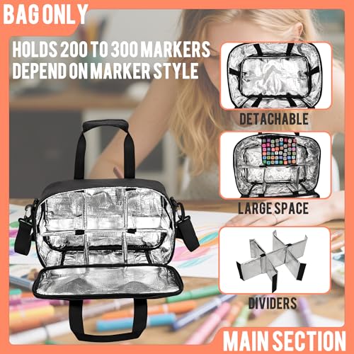 Image of Marker Organizer Case with Shoulder Strap for 180-300 Markers, Large Marker Organizer Bag with Detachable Divider for Adults, Marker Travel Holder Case Bag for Various Markers, Black