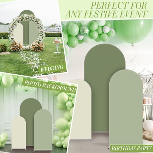 Image of VitalCozy Set of 3 Wedding Arch Cover 6ft, 6.5ft, 7.2ft Fabric Arch Backdrop Cover Double Sided Fitted Spandex for Baby Shower Birthday Party Decoration, Frame Not Included(Green Series)