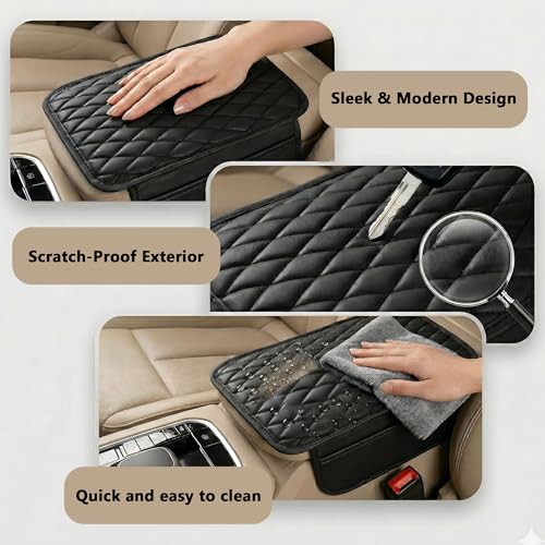 Image of ZIQO Car Armrest Pad | Universal Fit SUV MPV | PU Leather Center Console Cover | Foam Cushion Elbow Support | Dual Side Pockets | Waterproof | Non-Slip | Black