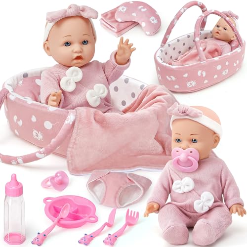 Golray 12' Soft Baby Doll Set with Accessories Bassinet Carrier, 13 Pcs First Toddlers Realistic Baby Doll Crib with Pillow/ Clothes/ Feeding Kit, Pretend Play Toy Birthday Gift for Girls Ages 3 4 5 6