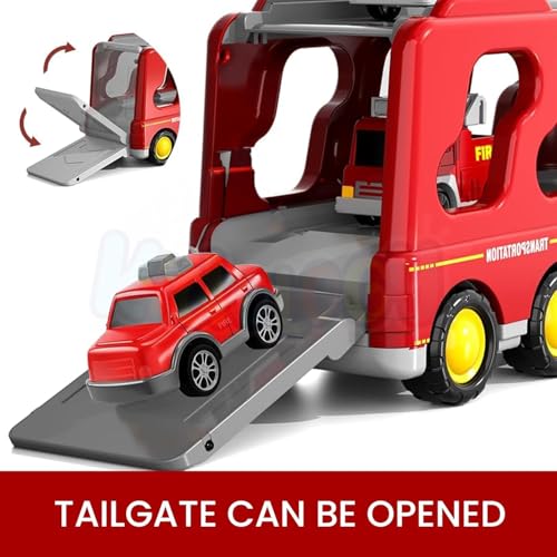 Image of Kidology 5-in-1 Friction-Powered Fire Truck Toy Set with Music - Montessori Educational Transport Carrier Vehicle Toy for Boys & Girls, Fun Birthday Gift for Kids Ages 3+