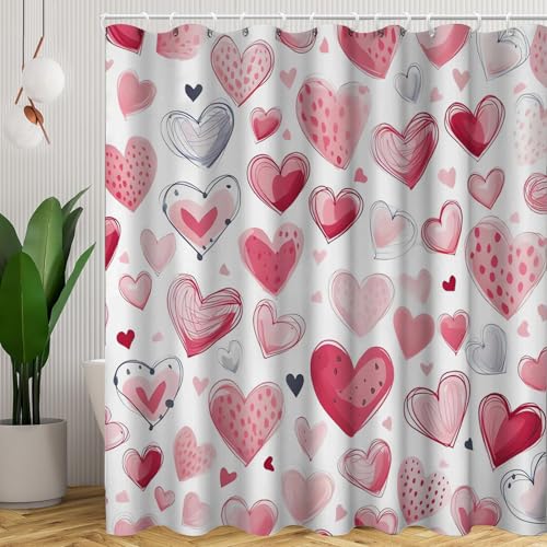 CHEFFS Herz Duschvorhang 180 x 200 180 x 180 Herzen Rosa Rot Blumen Cartoon Textil Weiß Duschvorhänge Herz Shower Curtains Wasserdicht (180 x 180 cm(BxH),1)