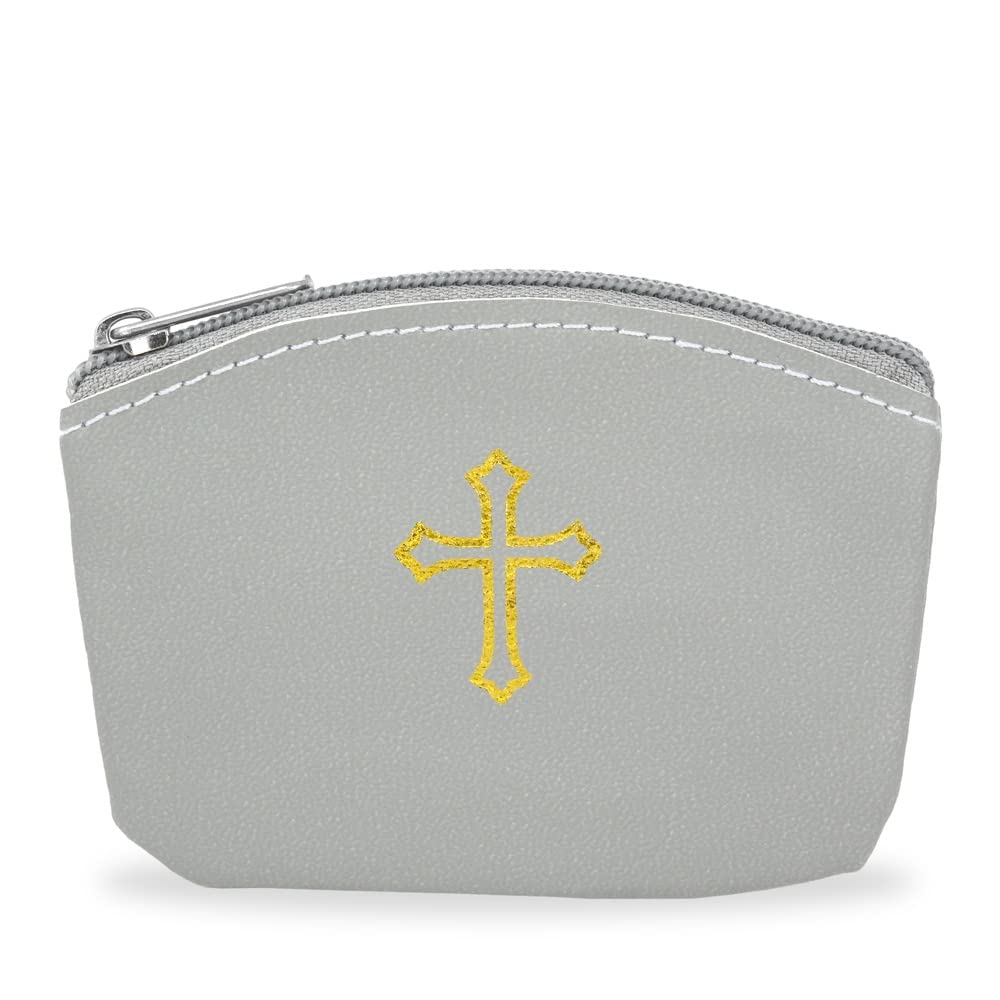 Gray Rosary Pouch with Zipper &amp; Gold St. Thomas Cross Imprint | Compact Leatherette Rosary Case for Small to Medium Rosaries | Protective Travel Rosary Holder for Men &amp; Women