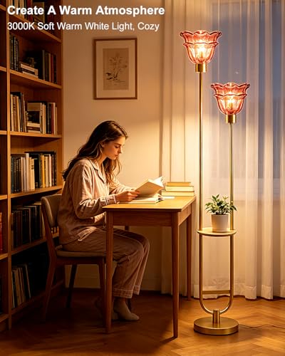 Image of Lightdot Flower Glass Floor Lamp with Table for Living Room 2-Lights Modern Gold Standing Tall Lamps with Pomegranate Red Glass Shade,LED Floor Lamp with Foot Switch for Bedroom (Bulbs Included)