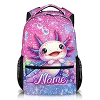 GiftRomance Personalised Girls Backpack with Name – 17 Inch Axolotl School Bag – Cute Custom Rucksack for Kids Aged 3–10, Sparkly Design for School, Nursery & Trips
