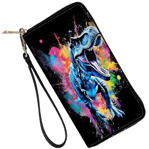 Image of RFID Blocking Leather Wallet for Women - Large Capacity Zip Around Clutch with 8 Card Slots,24 Cash Pockets & Coin Zipper,Watercolor Dinosaur