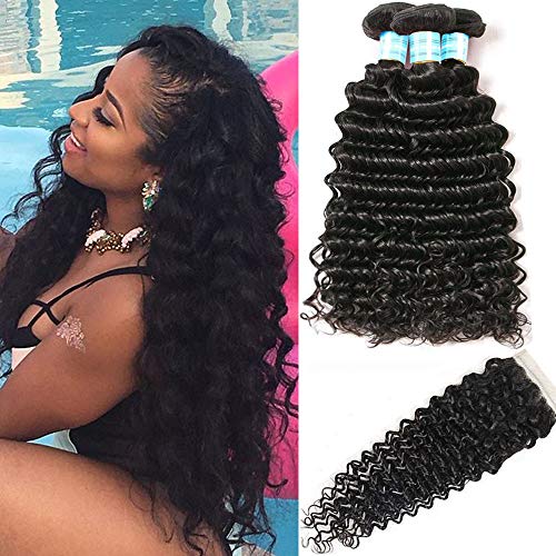 NewYou Brazilian Virgin Deep Wave 3 Bundles with Closure 8A Grade Unprocessed Human Hair with 4×4 Lace Closure Free Part Natural Color (22 24 26 W 20)