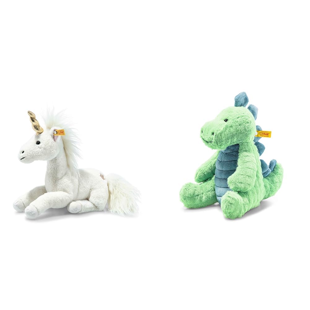 Steiff Unica Schlenker Einhorn weiß liegend 27 cm & Plüschtier Spott Stegosaurus grün-Petrol 28 cm, Kuscheltier Dinosaurier, Soft Cuddly Friends, Markenplüsch mit Knopf im Ohr, für Babys von Geburt an