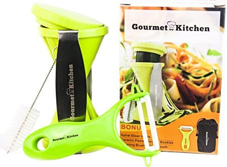 Gourmet Kitchen Vegetable Spiral Slicer and Julienne Peeler Cutter Spiralizer for Zucchini Spaghetti Noodles & Veggie Pasta with Recipe Gift Set, Green