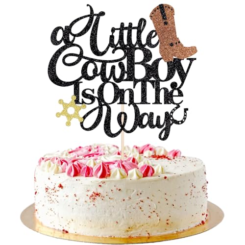 AROKIPPRY Decoración para tartas con texto en inglés 'A Little Cowboy Is On The Way', decoración para tartas de fiesta del oeste para niños y niñas, decoración de fiesta temática de granja