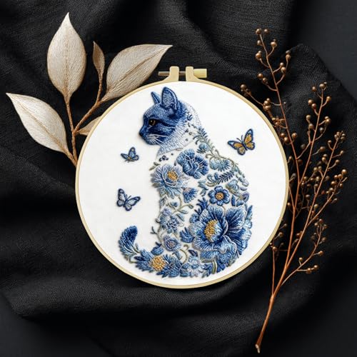 JOZYSH Blue Flower Cat and Butterfly Stamped Pattern Embroidery Kit for Beginners Adults Includes Cloth Hoop Color Threads Needles and Instruction Lover Hand Stitch with Embroidery Skill Techniques