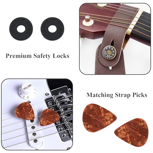 Czzmy Adjustable Guitar Strap Includes 2 Strap Locks & 2 Matching Picks.Leather ends Guitar Shoulder Strap Suitable for Acoustic Guitar,Electric Guitar,Gift for Guitarist(1-Carved White) - Image 4