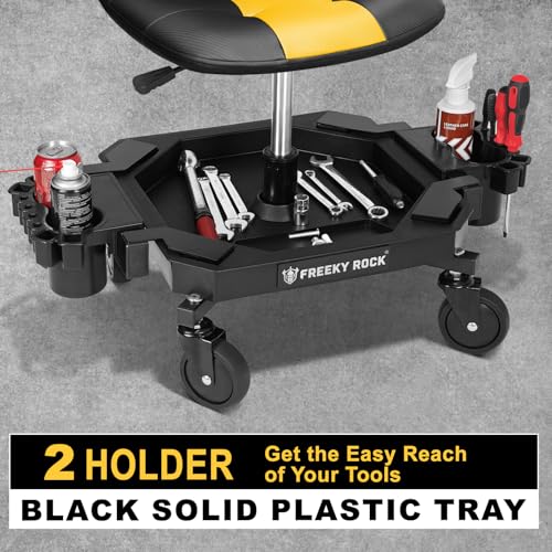 Image of Rolling Stool with Wheels, Adjustable Height Pneumatic Garage Work Mechanic Stool Seat with Backrest, 400 LBS Capacity 360 Swivel Mechanic Crepper Chair with Tool Tray Storage, Yellow