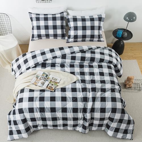 Image of Caressma Black White Comforter Set Twin Size, Classic Buffalo Plaid Comforter Bedding Comforter Sets, Stylish Geometric Plaid Fluffy Home Decor for All Seasons