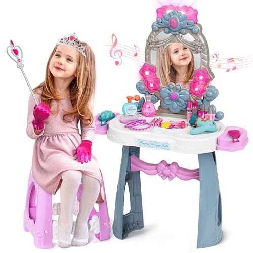 VViN Kids Vanity Set for Girls with Light & Music, Princess Vanity Table with Stool, Pretend Makeup Dresser with Crown, Scepter, Gloves & Jewelry Accessories, Toys for 3 4 5 Year Old