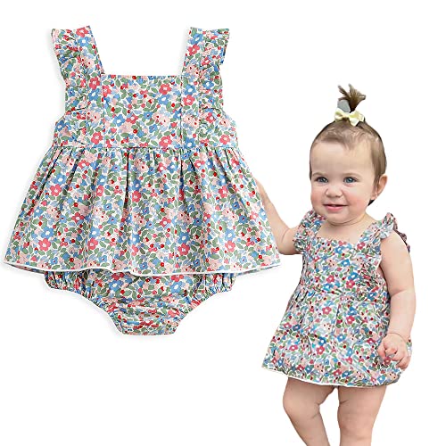 Image of Simplee kids Baby Infant Girls Summer Romper Dress Summer Cotton Ruffle Sleeve Floral Onesie for 12 Months Yellow
