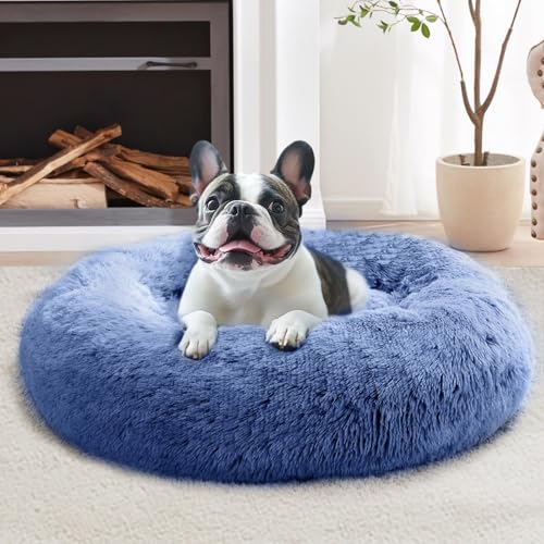 Image of JOLLYVOGUE Calming Dog Bed for Small Dogs - 23 inches Donut Washable Small Dog Bed for Kittens & Puppies, Anti-Slip Round Fluffy Plush Faux Fur Cat Beds (Fits up to 25 lbs Pets, Navy Blue)