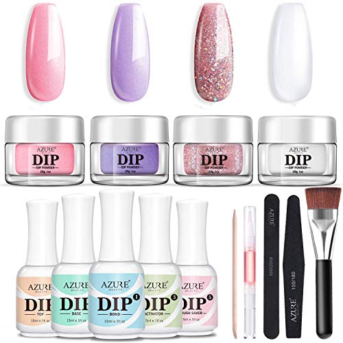 Nail Dipping Powder Starter Kit 4 Pink Glitter Colors(1oz.),French Dip Acrylic Nails Powders System(Comes with Bond,Base,Activator,Top,Brush Saver,4 Powder Jars + Some Manicure Tools)