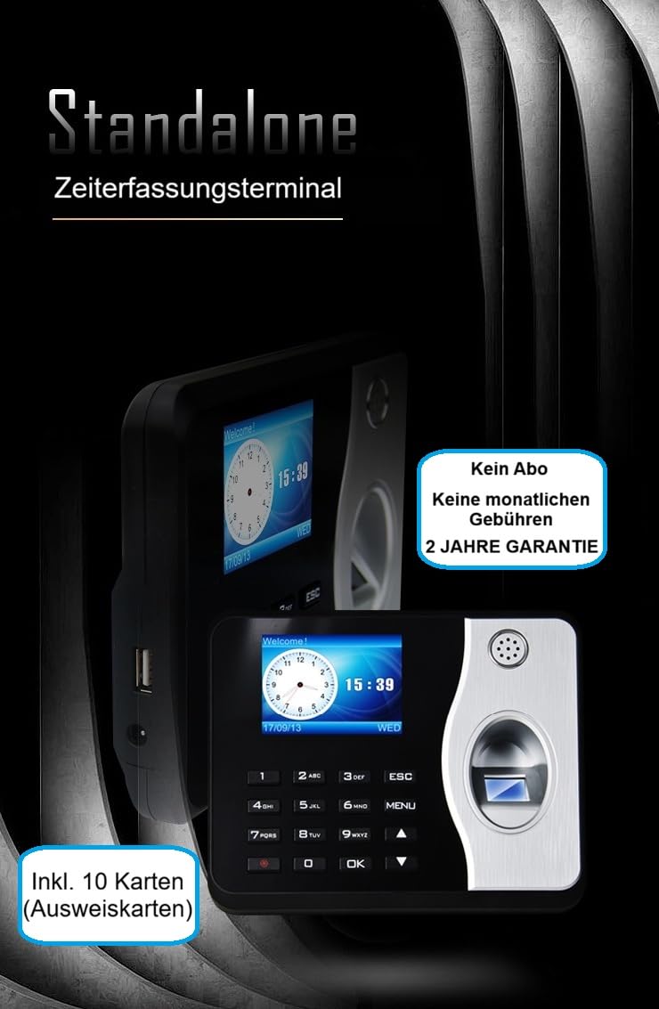 Rechnendes Zeiterfassungsterminal TEM1 inkl. 10 Ausweise, für bis zu 100 Personen geeignet/Fingerprint / 2 JAHRE Garantie/keine monatlichen Gebühren