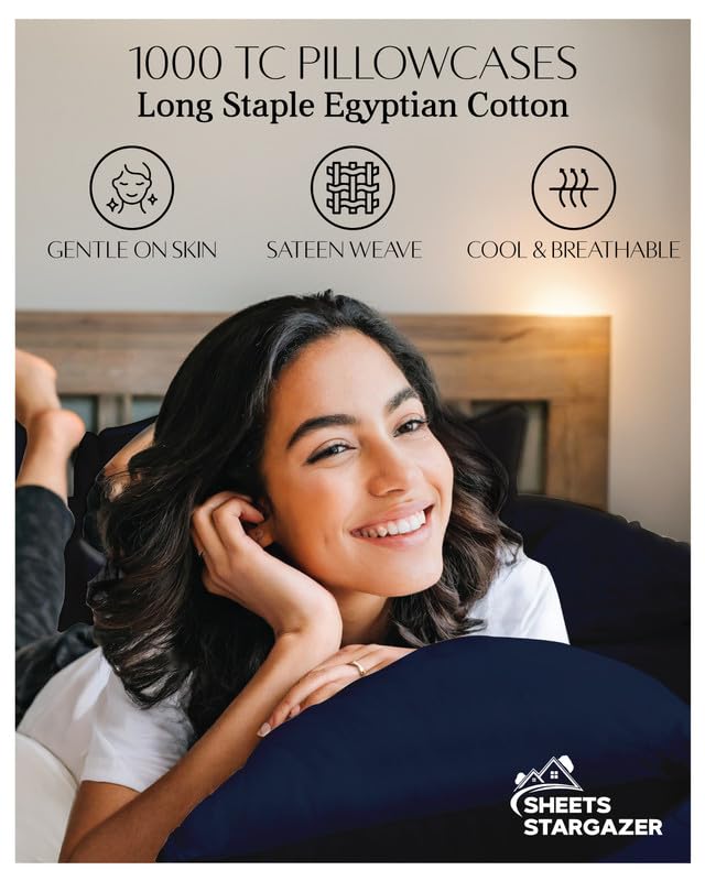Image of 1000 Thread Count 100% Egyptian Cotton Pillow Cases, Set of 2 Pillowcase, Long-Staple 100% Cotton Breathable, Soft Sateen Weave Bed Pillow Cover, 20 X 40 Inches Pillowcases Navy Blue King Size