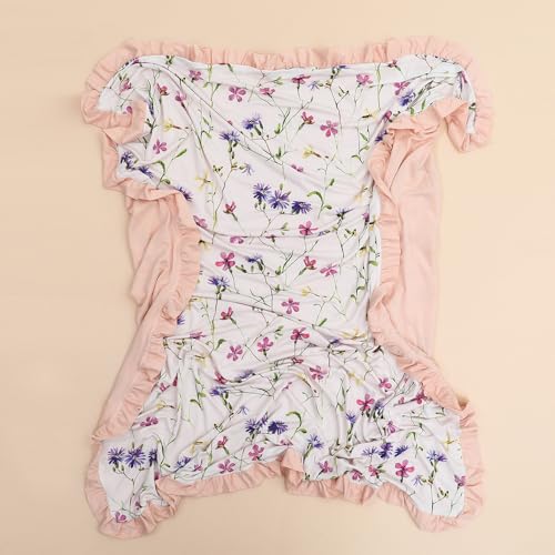 Image of Rayon Made from Bamboo Baby Blanket for Girls, Purple Floral Print, Ruffle Trim, Soft and Comfy, Size 40x33