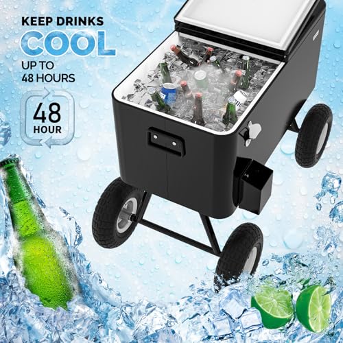 VINGLI 80 Quart Wagon Rolling Cooler Ice Chest, w/Long Handle and 10" Wheels, Portable Beach Patio Party Bar Cold Drink Beverage, Outdoor Park Cart on Wheels