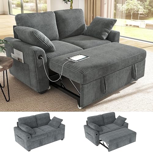 Ihanherry 59-inch Corduroy Convertible Sofa Bed with USB Charging Port, Side Pockets, and Wide Armrests – Full Size Sleeper for Living Room, Bedroom, and Multi-Scenario Use（Gray）
