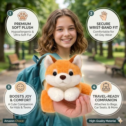 Image of Husky Plush Wrist Band Soft Toy Golden Brown Wearable Stuffed Animal & Soft Wrist braclete for Kids, Teens & Adults - Ultra-Soft Faux Fur Husky Puppy Companion for Travel, Backpacks,