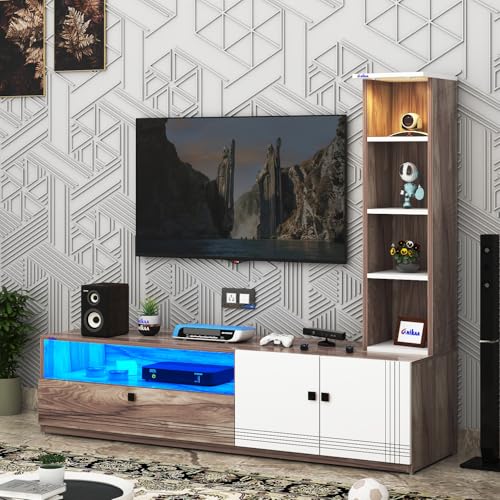 Image of Anikaa Sprax Engineered Wood Floor Standing Modern TV Unit with LED Light for Living Room | 2-Door & Open Box Cabinet with Side Shelf Storage | Ideal for Up To 55 inch | (Coachwood /White) DIY Installation