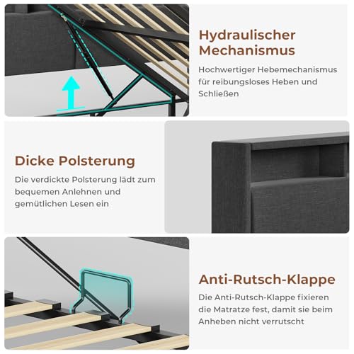 AOGLLATI Polsterbett Schlafsofa 140x200 mit USB-Steckdosen & hydraulischem Stauraum, Betten 140x200 mit LED-Kopfteil & Lattenrost, Kinderbett Tagesbett, Doppelbett, Leinen, Dunkelgrau (ohne Matratze)
