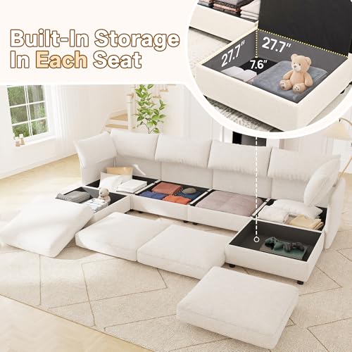 Image of 95.5 inch Chenille Modular Sectional Sofa Bed Hidden Storage, Convertible L U Shaped Sleeper Couch, 6 Seat Modern Modular Sectional Sofa with Removable Covers & Ottoman Chaise, for Living Room, Beige