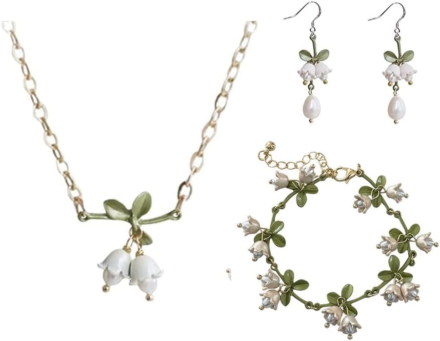 Freshwater Pearl Valley Lily Dangle Earrings Bracelet Necklace Jewelry Set Flower Drop Charm Enamel Green Leaves Fashion Jewelry Set for Women Gift
