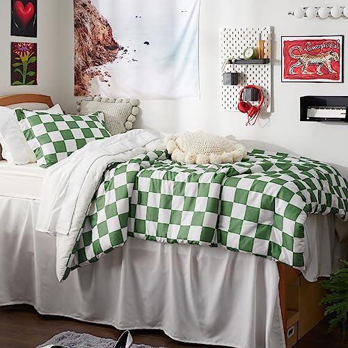 Image of Bedsure Twin /Twin XL Comforter Set - Twin Extra Long Comforter Set, Checkered Dorm Bedding for Boys, 2 Pieces, 1 Soft Green Comforter and 1 Pillow Sham