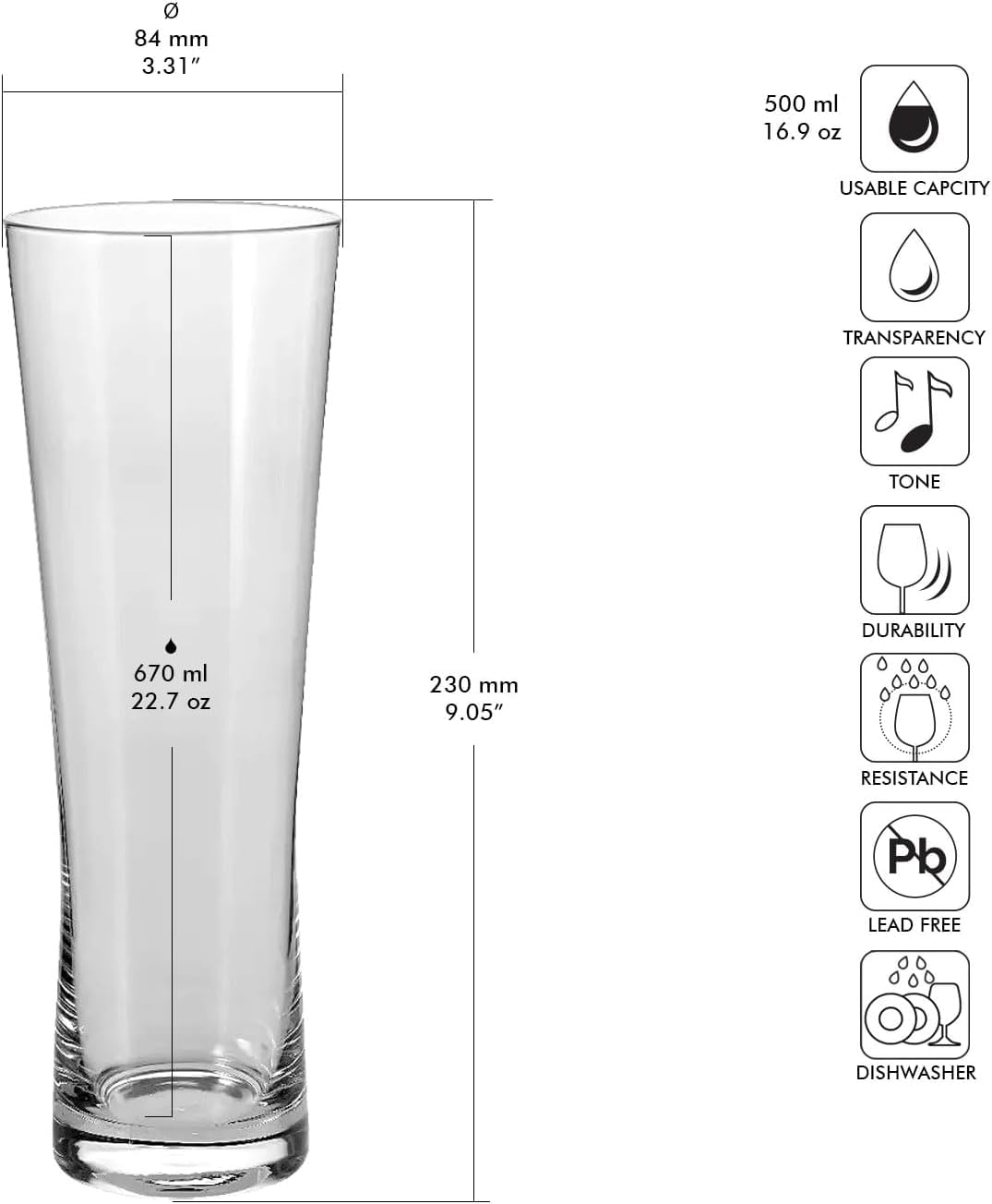 KROSNO Szklanki do Piwa i Piw Kraftowych Klepsydra Mixology, 6 x 500 ml | Szkło Kryształowe Bezołowiowe, do lagerów, pilsów, IPA, APA i stoutów, porterów i ale, zmywarka