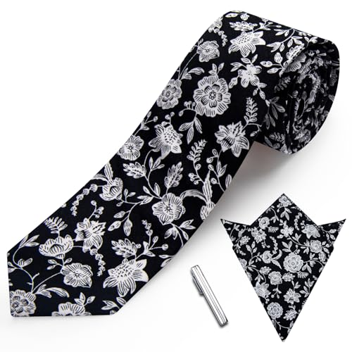 Image of YourTies Cotton Floral Tie for Men 2.5 inch Printed Skinny Necktie Pocket Square Tie Clip Set Flower Wedding Party Groom