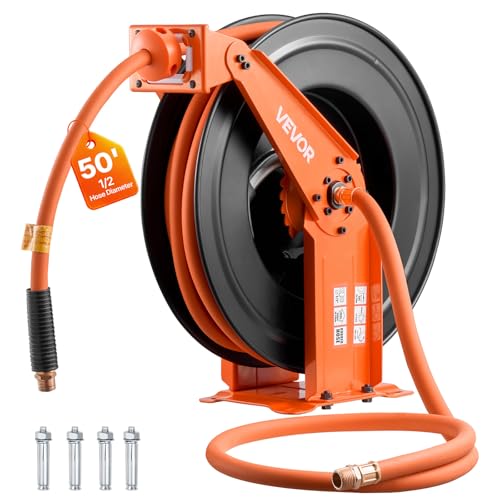 VEVOR Retractable Air Hose Reel 1/2 Inch x 50 FT Rubber Air Hose Max 300PSI Auto Rewind Air-Compressor Hoses Reel with 5 ft Lead in Ceiling/Wall Mount Heavy Duty Steel Double Arm