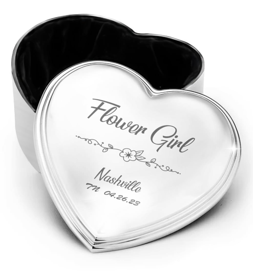 POEM Studio Personalized Heart Jewelry Keepsake Box with Custom Engraved Flowers with Optional Message for Name of Flower Girl or Wedding Location, Shiny Polished Silver Trinket Box Engraving in USA