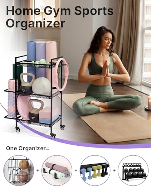 YOTTOY 3-Layer Gym Storage Rack ¨C Multi-Functional Weight Rack for Home Gym, Yoga Mat Holder & Foam Roller Basket with 6 Hooks, Gym Equipment Organizer