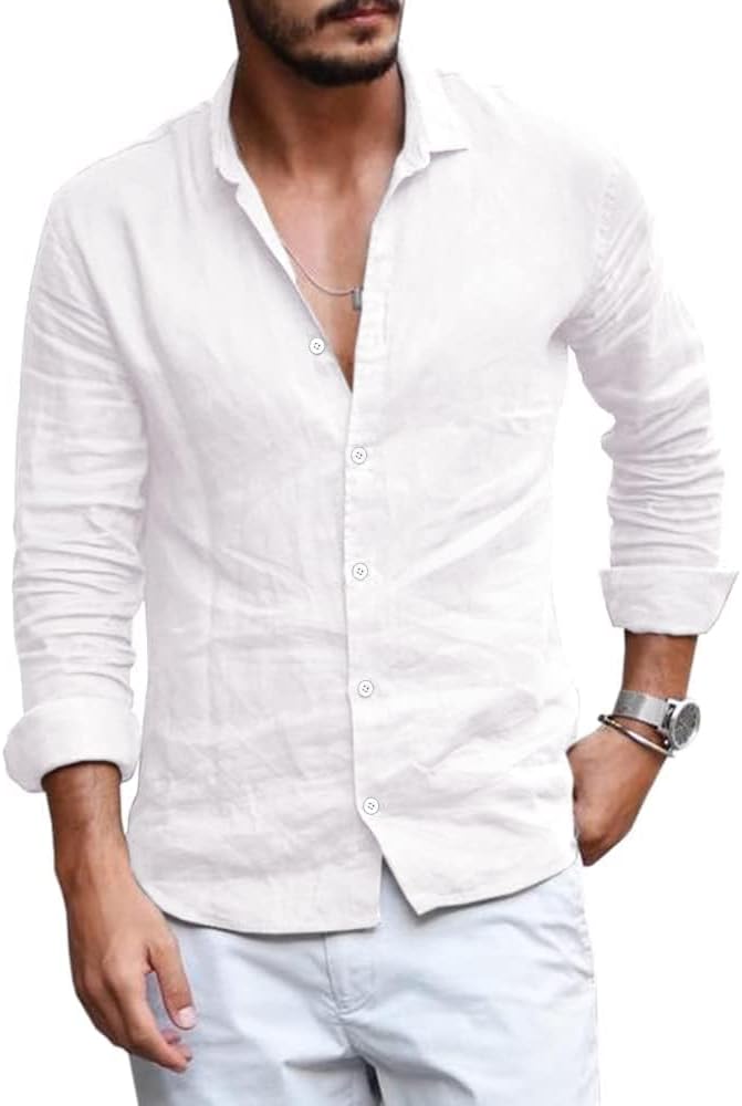 Runcati Mens Button Down Shirt Linen Cotton Shirts Casual Long Sleeve Spread Collar Beach Plain Tops