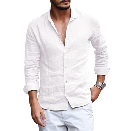 Camisa masculina de algodão de linho, casual, manga comprida, colarinho aberto, leve, praia, lisa