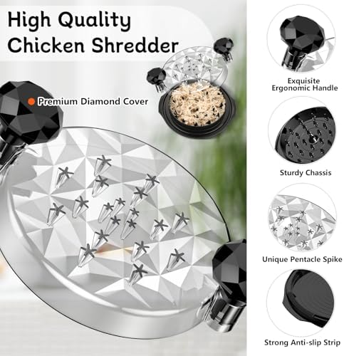 Chicken Shredder with Brush 10'' Pro Chicken Shredder Tool Twist Large Stable Anti-Slip BPA Free Meat Shredder Tool Twist Ergonomic Handle Meat Grinder Dishwasher-safe Transparent Lid Black