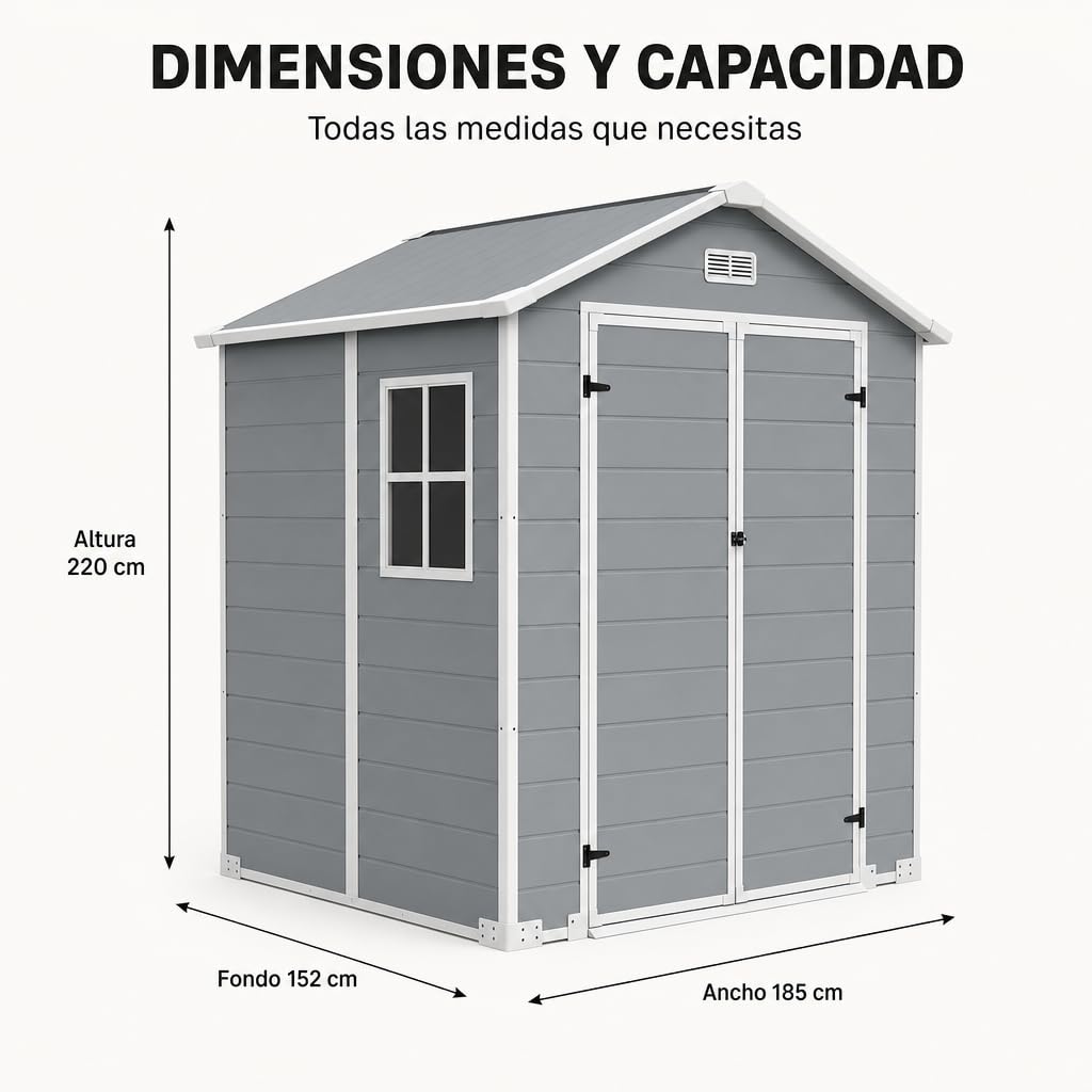 Caseta de Jardín de Resina – Cobertizo Exterior de Polipropileno Resistente a la Intemperie, con Cierre de Seguridad, Montaje Fácil y Gran Capacidad para Herramientas (185×152×220 cm(2,81 m²))