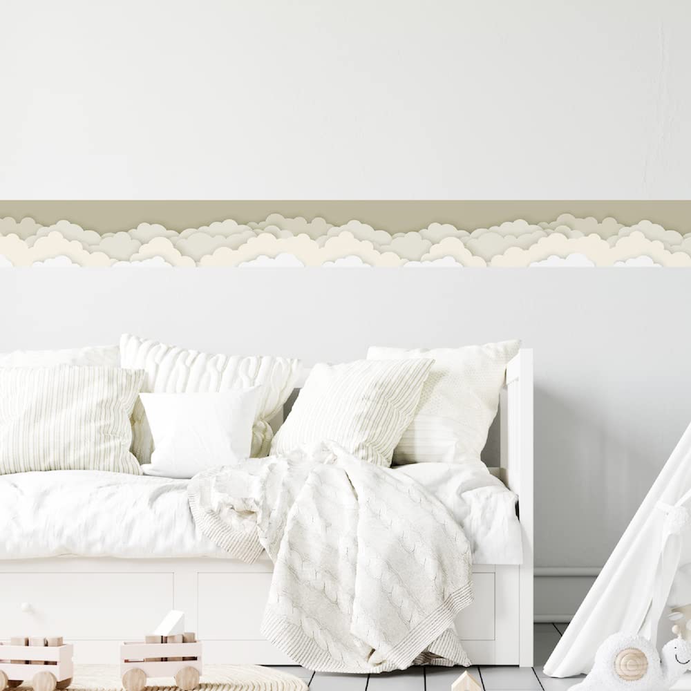 Bordo autoadesivo per cameretta dei bambini con le Nuvole in Cielo beige, 450 x 11,5 cm, decorazione da parete per ragazze e ragazzi