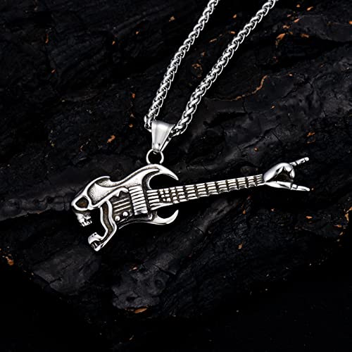 Swordgod Stainless Steel Guitar Pendant Necklaces For Men With 22+2 Inch Singapore Chain Music Jewelry Gifts For Birthday Christmas #TOP4